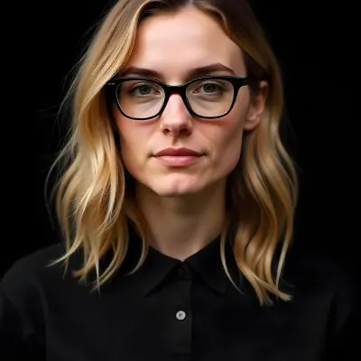 A Caucasian Woman 23 Years Old Blonde Wavy Hair Wearing Black Glasses And A Black Shirt Isolated On Black Background 8 A411