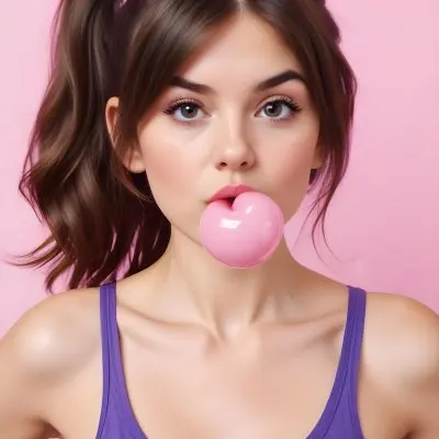 A Caucasian Woman 23 Years Old Blowing A Pink Bubblegum Brown Hair In A Ponytail Wearing A Purple Top Pink Background 13 1665