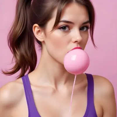 A Caucasian Woman 23 Years Old Blowing A Pink Bubblegum Brown Hair In A Ponytail Wearing A Purple Top Pink Background 14 7228