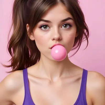 A Caucasian Woman 23 Years Old Blowing A Pink Bubblegum Brown Hair In A Ponytail Wearing A Purple Top Pink Background 18 Db3e