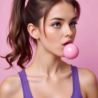 A Caucasian Woman 23 Years Old Blowing A Pink Bubblegum Brown Hair In A Ponytail Wearing A Purple Top Pink Background 19 5a83