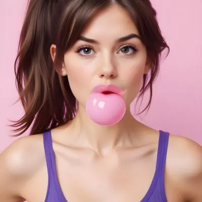 A Caucasian Woman 23 Years Old Blowing A Pink Bubblegum Brown Hair In A Ponytail Wearing A Purple Top Pink Background 24 120c