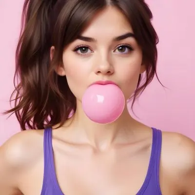 A Caucasian Woman 23 Years Old Blowing A Pink Bubblegum Brown Hair In A Ponytail Wearing A Purple Top Pink Background 28 71a7