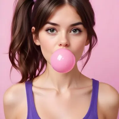 A Caucasian Woman 23 Years Old Blowing A Pink Bubblegum Brown Hair In A Ponytail Wearing A Purple Top Pink Background 29 A8df