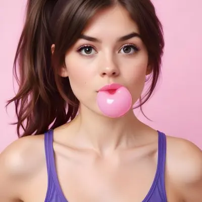 A Caucasian Woman 23 Years Old Blowing A Pink Bubblegum Brown Hair In A Ponytail Wearing A Purple Top Pink Background 30 E708