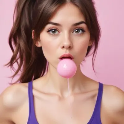 A Caucasian Woman 23 Years Old Blowing A Pink Bubblegum Brown Hair In A Ponytail Wearing A Purple Top Pink Background 32 7ead