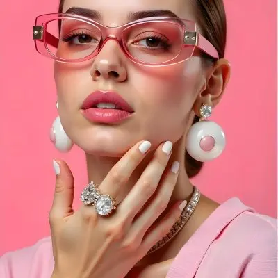 A Caucasian Woman 23 Years Old Light Skin Brown Hair Pink Sunglasses Pink Lipstick With Her Hand Near Her Face In A Pink Background 1 B4e0