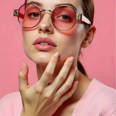 A Caucasian Woman 23 Years Old Light Skin Brown Hair Pink Sunglasses Pink Lipstick With Her Hand Near Her Face In A Pink Background 10 Bedf