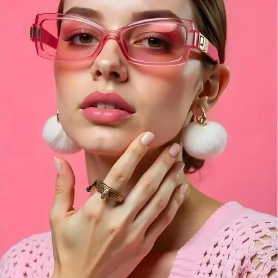 A Caucasian Woman 23 Years Old Light Skin Brown Hair Pink Sunglasses Pink Lipstick With Her Hand Near Her Face In A Pink Background 12 1932