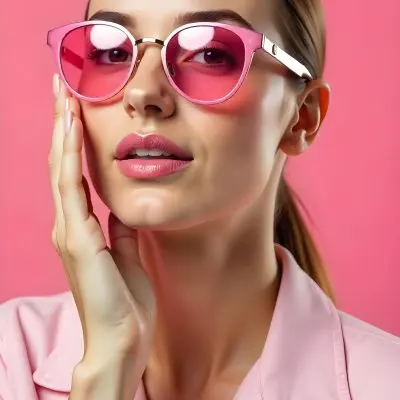 A Caucasian Woman 23 Years Old Light Skin Brown Hair Pink Sunglasses Pink Lipstick With Her Hand Near Her Face In A Pink Background 16 F7ed