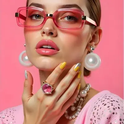 A Caucasian Woman 23 Years Old Light Skin Brown Hair Pink Sunglasses Pink Lipstick With Her Hand Near Her Face In A Pink Background 2 5e28