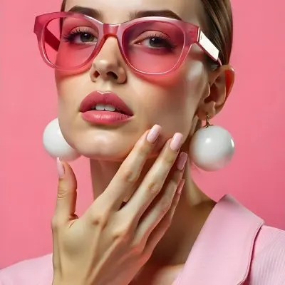 A Caucasian Woman 23 Years Old Light Skin Brown Hair Pink Sunglasses Pink Lipstick With Her Hand Near Her Face In A Pink Background 3 35b6