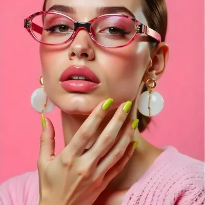 A Caucasian Woman 23 Years Old Light Skin Brown Hair Pink Sunglasses Pink Lipstick With Her Hand Near Her Face In A Pink Background 7 6935