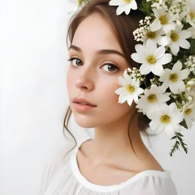 A Caucasian Woman 23 Years Old Light Skin Brown Hair With White Flowers Around Her Face White Background 3 793c