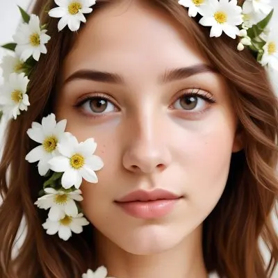 A Caucasian Woman 23 Years Old Light Skin Brown Hair With White Flowers Around Her Face White Background 4 86d1