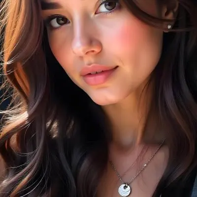 A Caucasian Woman 23 Years Old Light Skin Brown Wavy Hair Light Pink Lips Wearing A Silver Necklace In A Dark Background 15 619f