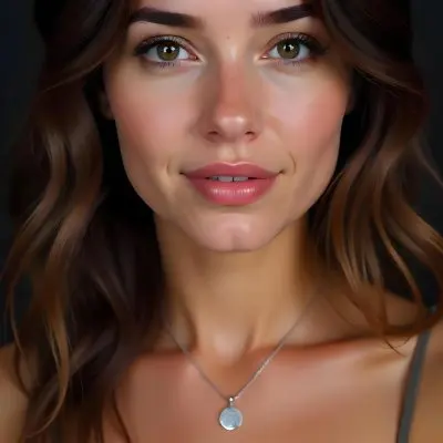 A Caucasian Woman 23 Years Old Light Skin Brown Wavy Hair Light Pink Lips Wearing A Silver Necklace In A Dark Background 9 141c