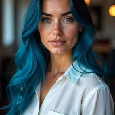 A Caucasian Woman 23 Years Old Long Blue Wavy Hair Brown Eyes Wearing A White Shirt In A Studio With Lights In The Background 9 5705