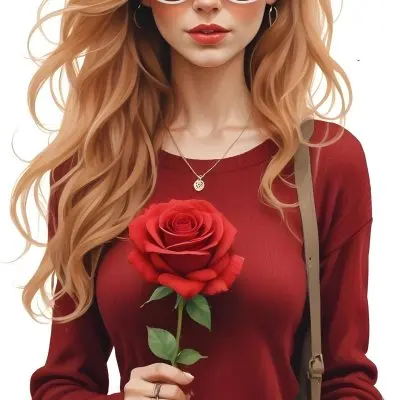 A Caucasian Woman 23 Years Old Long Red Wavy Hair Sunglasses Holding A Red Rose Red Sweater Necklace Earrings Ring Purse White Background 12 Cb90