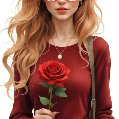 A Caucasian Woman 23 Years Old Long Red Wavy Hair Sunglasses Holding A Red Rose Red Sweater Necklace Earrings Ring Purse White Background 13 E108