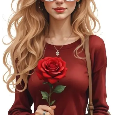 A Caucasian Woman 23 Years Old Long Red Wavy Hair Sunglasses Holding A Red Rose Red Sweater Necklace Earrings Ring Purse White Background 14 9bff