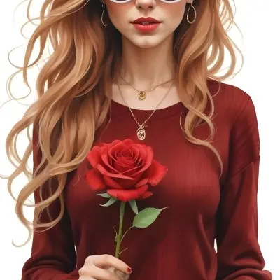 A Caucasian Woman 23 Years Old Long Red Wavy Hair Sunglasses Holding A Red Rose Red Sweater Necklace Earrings Ring Purse White Background 17 0285