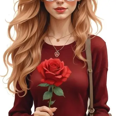 A Caucasian Woman 23 Years Old Long Red Wavy Hair Sunglasses Holding A Red Rose Red Sweater Necklace Earrings Ring Purse White Background 20 5e93