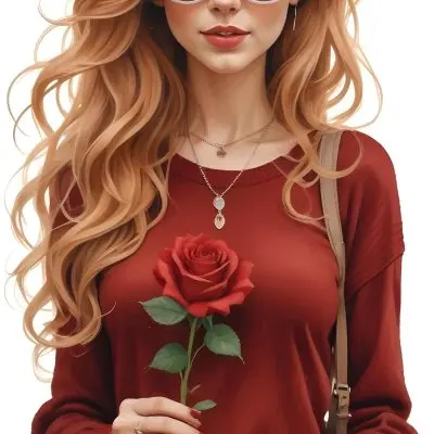 A Caucasian Woman 23 Years Old Long Red Wavy Hair Sunglasses Holding A Red Rose Red Sweater Necklace Earrings Ring Purse White Background 21 7907