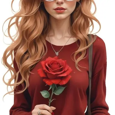 A Caucasian Woman 23 Years Old Long Red Wavy Hair Sunglasses Holding A Red Rose Red Sweater Necklace Earrings Ring Purse White Background 23 21ba