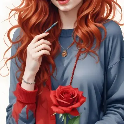 A Caucasian Woman 23 Years Old Long Red Wavy Hair Sunglasses Holding A Red Rose Red Sweater Necklace Earrings Ring Purse White Background 6 61af