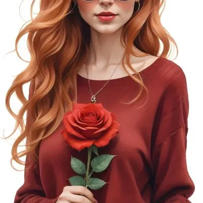 A Caucasian Woman 23 Years Old Long Red Wavy Hair Sunglasses Holding A Red Rose Red Sweater Necklace Earrings Ring Purse White Background 7 D4b2