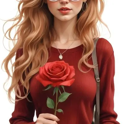 A Caucasian Woman 23 Years Old Long Red Wavy Hair Sunglasses Holding A Red Rose Red Sweater Necklace Earrings Ring Purse White Background 9 672b
