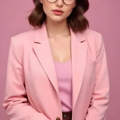 A Caucasian Woman 23 Years Old Pink Makeup Brown Lips Wearing Glasses Brown Hair Pink Jacket In A Studio 14 7a7e