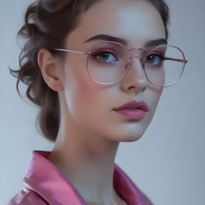 A Caucasian Woman 23 Years Old Pink Makeup Brown Lips Wearing Glasses Brown Hair Pink Jacket In A Studio 22 A329