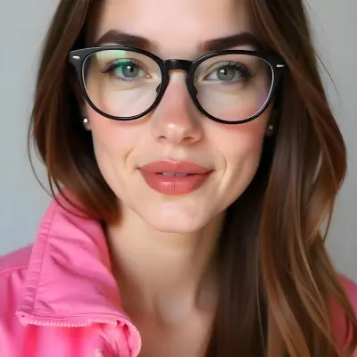 A Caucasian Woman 23 Years Old Pink Makeup Brown Lips Wearing Glasses Brown Hair Pink Jacket In A Studio 36 8ab4