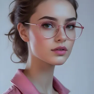 A Caucasian Woman 23 Years Old Pink Makeup Brown Lips Wearing Glasses Brown Hair Pink Jacket In A Studio 44 Bd39