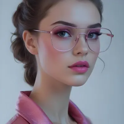 A Caucasian Woman 23 Years Old Pink Makeup Pink Lips Wearing Glasses Hair Tied Back Pink Jacket Plain Background 52 4a79