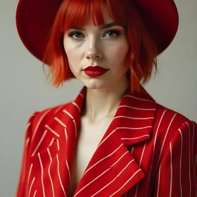 A Caucasian Woman 23 Years Old Red Short Hair Red Eyeshadow Red Lips Wearing A Red Hat With A Flower And A Red Striped Jacket In A Studio 23 C838