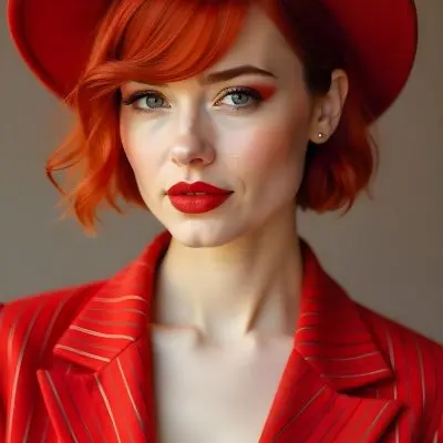 A Caucasian Woman 23 Years Old Red Short Hair Red Eyeshadow Red Lips Wearing A Red Hat With A Flower And A Red Striped Jacket In A Studio 6 5f6a