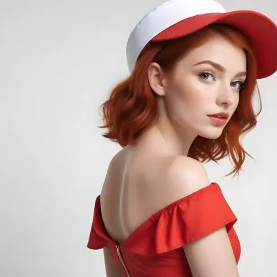 A Caucasian Woman 23 Years Old With Red Hair And White Lips Wearing A Red Dress And A White Visor White Background 3 3b3f