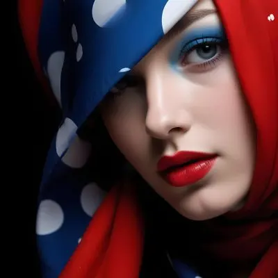 A Caucasian Woman 23 Years Old With Red Lips And Red Eyeshadow Wearing A Red And Blue Polka Dot Headscarf In A Dark Background 17 50a5