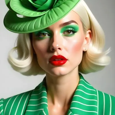 A Caucasian Woman 23 Years Old With Short Red Hair Red Eyeshadow And Green Lips Wearing A Green Flower Hat And A Green Striped Jacket In A Studio 18 8b57