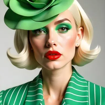 A Caucasian Woman 23 Years Old With Short Red Hair Red Eyeshadow And Green Lips Wearing A Green Flower Hat And A Green Striped Jacket In A Studio 31 D30e
