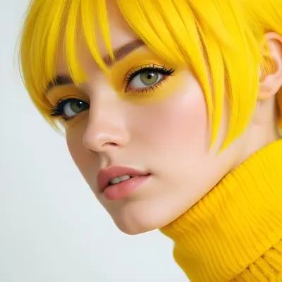 A Caucasian Woman 23 Years Old Yellow Hair Yellow Makeup Wearing A Yellow Turtleneck Sweater Light Skin In Front Of A White Background 14 4011