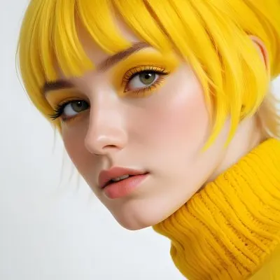 A Caucasian Woman 23 Years Old Yellow Hair Yellow Makeup Wearing A Yellow Turtleneck Sweater Light Skin In Front Of A White Background 18 4cac