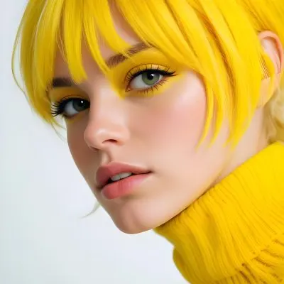 A Caucasian Woman 23 Years Old Yellow Hair Yellow Makeup Wearing A Yellow Turtleneck Sweater Light Skin In Front Of A White Background 28 B39f