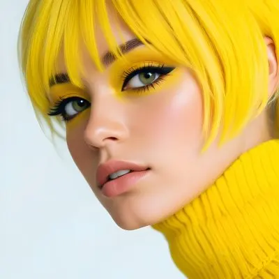 A Caucasian Woman 23 Years Old Yellow Hair Yellow Makeup Wearing A Yellow Turtleneck Sweater Light Skin In Front Of A White Background 32 2812