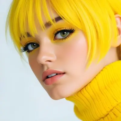 A Caucasian Woman 23 Years Old Yellow Hair Yellow Makeup Wearing A Yellow Turtleneck Sweater Light Skin In Front Of A White Background 4 A40b