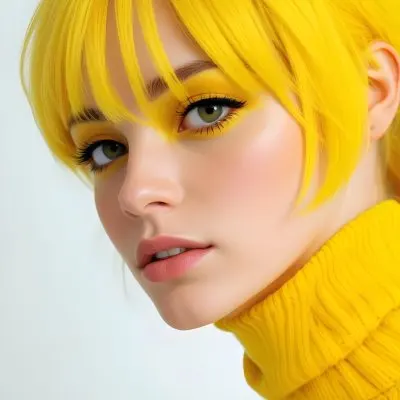 A Caucasian Woman 23 Years Old Yellow Hair Yellow Makeup Wearing A Yellow Turtleneck Sweater Light Skin In Front Of A White Background 6 F5f7