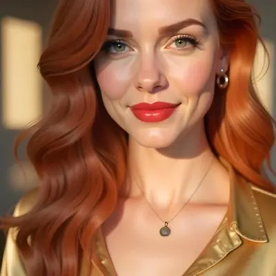 A Caucasian Woman 24 Years Old Red Wavy Hair Red Lipstick Wearing A Golden Shirt In A Room With Sunlight Coming From The Window 26 89e4
